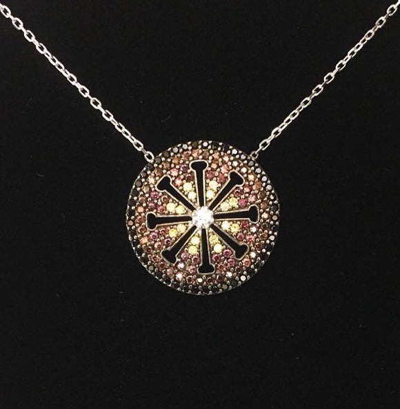 Sterling Silver Mandala with pave colorful CZ   Boho Yoga jewelry,  Gifts for Her,  Mandala Pendant Inspirational Necklace