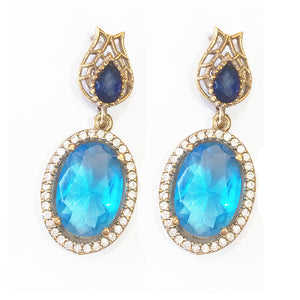 Blue Quartz Drop Silver Gold Overlay Earrings