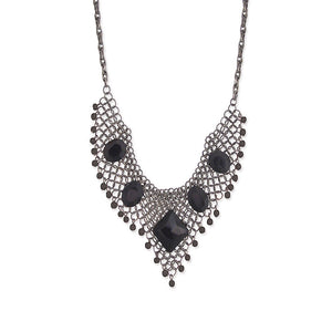 Cascade Brass Black Crystal Stone Bib Necklace