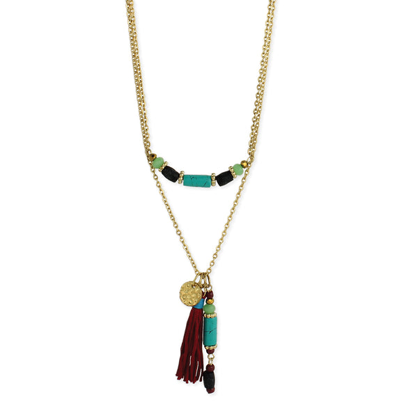Multi Stone Bead & Gold ChainTassel Necklace