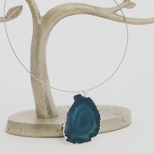 agate druzy slice geodo silver pendant 