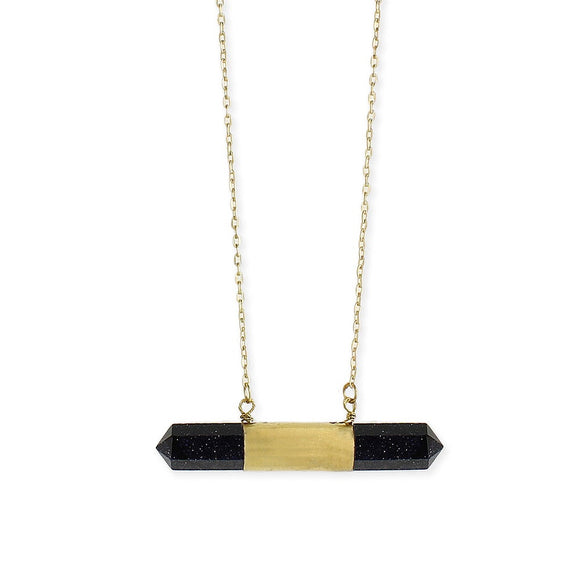 Gold Overlay Sparkling Blue Crystal Bar Pendant Necklace