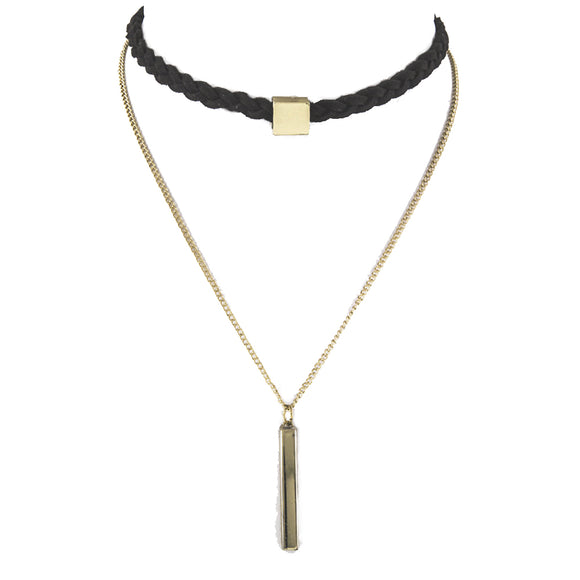 Metal Bar Pendant Black Leather Layer Choker Necklace