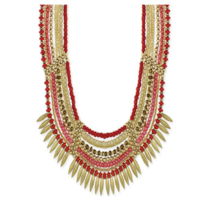 Gold & Bead Ethnic Bib Necklace – Orange & Ivory