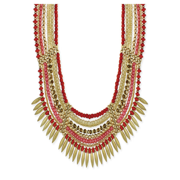 Gold & Bead Ethnic Bib Necklace – Orange & Ivory
