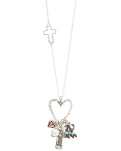 Silvertone Metal Long Necklace with Dropping Charms and Stones