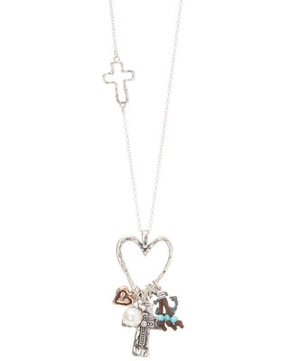 Silvertone Metal Long Necklace with Dropping Charms and Stones
